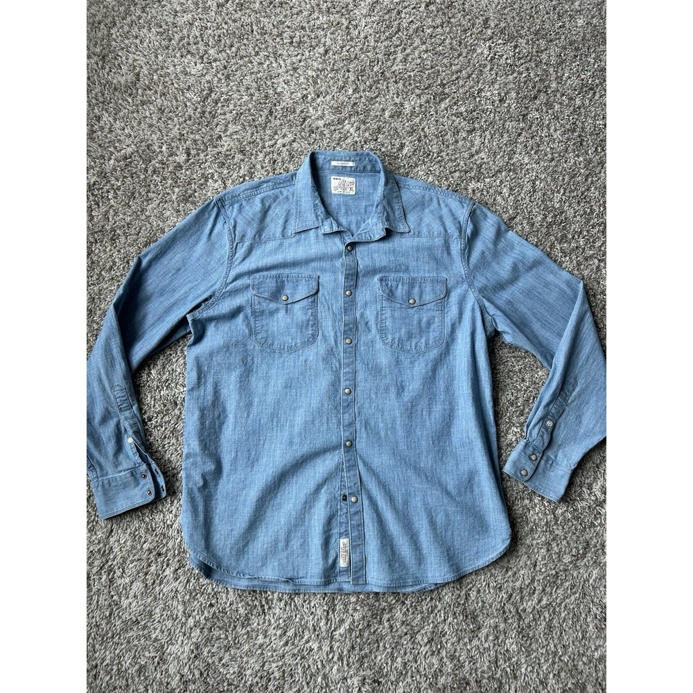 Lucky Brand Shirt Mens XL Blue Pearl Snap Denim Western Cowboy Acid Wash
